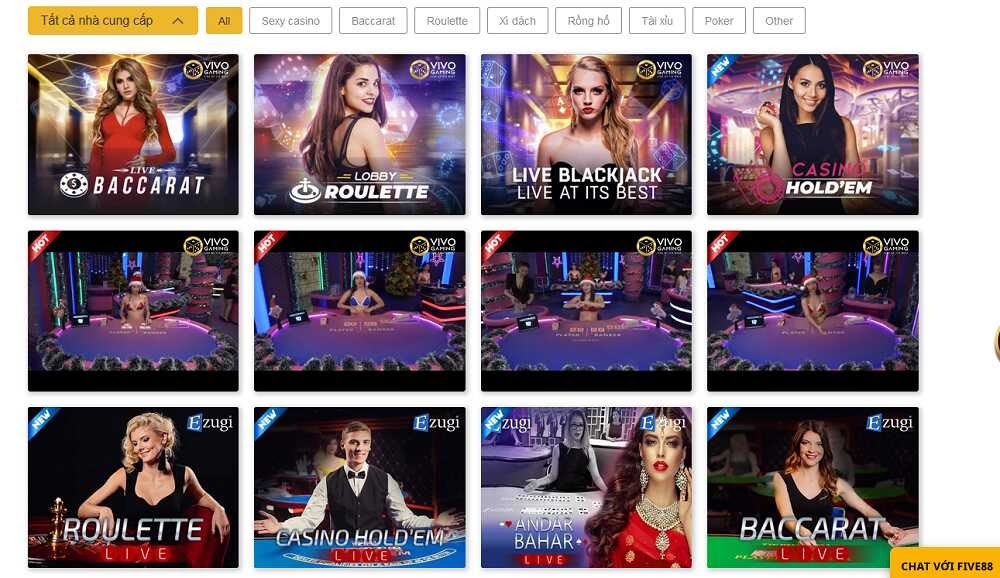 Các sảnh bài tại live casino Five88